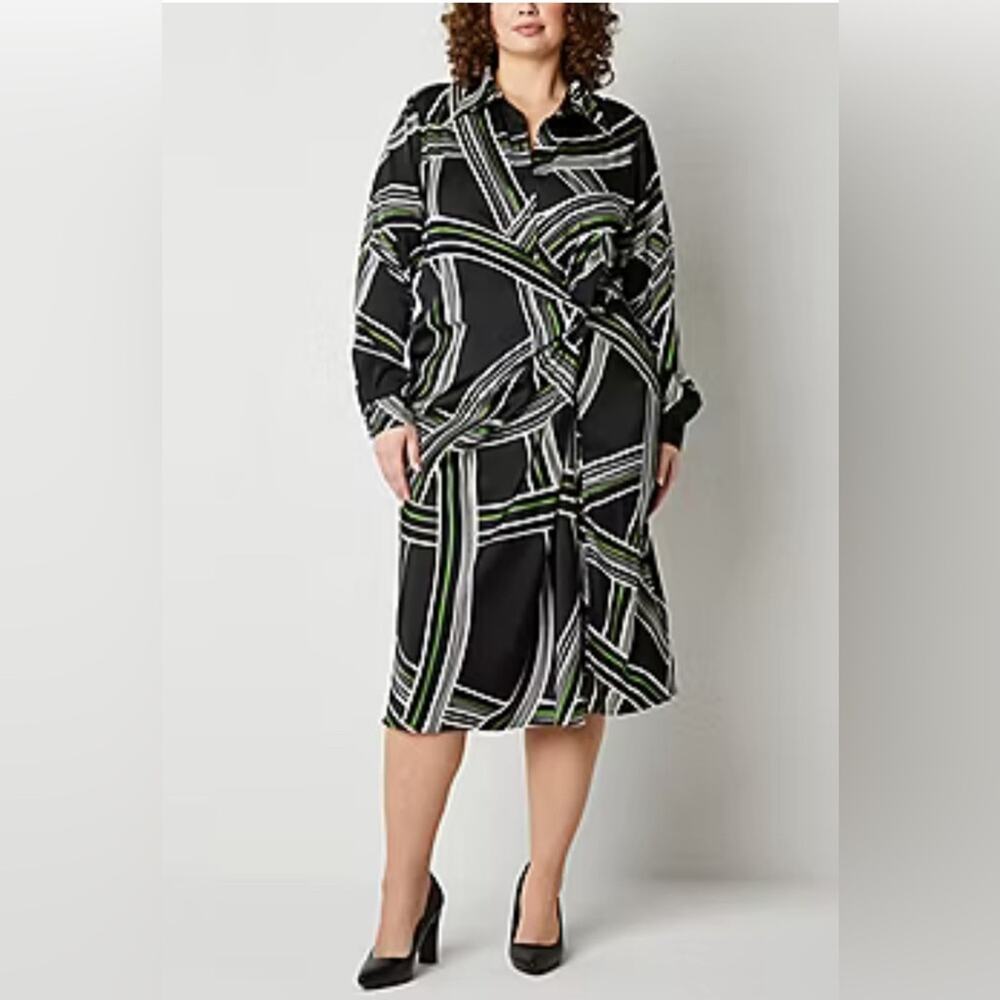 Worthington Plus Long Sleeve Geo Linear Midi Wrap Dress 1x